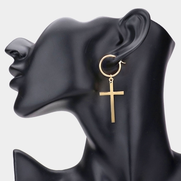 NEW Golden Cross Metal Hoop Dangle Earrings - Picture 1 of 8